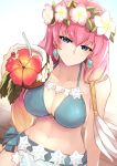  1girl bikini bikini_top blonde_hair blue_bikini blue_bikini_top blue_eyes blue_swimsuit blush breasts cleavage closed_mouth coconut collarbone commentary_request day drink earrings eyebrows_visible_through_hair fire_emblem fire_emblem_heroes flower fruit_cup gradient_hair gunnthra_(fire_emblem) hair_between_eyes hair_flower hair_ornament highres holding holding_drink jewelry large_breasts long_hair looking_at_viewer multicolored_hair nakabayashi_zun navel pink_hair sitting smile solo swimsuit 