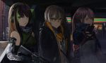  absurdres armband assault_rifle bandana black_hair brown_hair convenience_store darkzmonsty girls_frontline green_eyes gun h&amp;k_ump headphones highres huge_filesize jacket looking_at_viewer m4_carbine m4a1_(girls_frontline) pink_eyes pink_hair rifle shop st_ar-15_(girls_frontline) submachine_gun ump45_(girls_frontline) weapon window yellow_eyes 