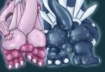 2019 3_toes anus backsack balls barefoot bodily_fluids butt claws dialga feet from_behind_(disambiguation) hi_res hindpaw legendary_pok&eacute;mon male musk nintendo nude palkia paws pok&eacute;mon pok&eacute;mon_(species) simple_background soles sweat thaasteo thick_thighs toe_claws toes video_games 