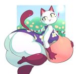  ! animal_crossing anthro beauty_mark big_butt breasts bulumble-bee butt clothed clothing domestic_cat eyeshadow felid feline felis female food fruit fur huge_butt hyper hyper_butt looking_back makeup mammal mole_(marking) nintendo olivia_(animal_crossing) open_mouth plant simple_background smile thick_thighs video_games white_fur wide_hips 
