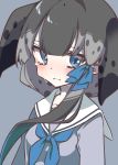  1girl adapted_costume blowhole blue_eyes blush bow collarbone crying crying_with_eyes_open frown grey_hair hair_bow headshot highres kemono_friends long_sleeves multicolored_hair narwhal_(kemono_friends) neckerchief petit_ramune sailor_collar school_uniform short_hair short_hair_with_long_locks solo tears 