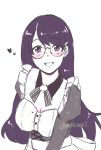  1girl breasts cleavage commentary_request glasses hanekawa_tsubasa heart highres large_breasts long_hair looking_at_viewer maid metis002 monogatari_(series) open_mouth purple_eyes purple_hair sketch smile solo twitter_username waitress 