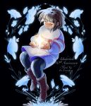  1other anniversary black_pantyhose blue_flower blue_shorts blue_sweater boots brown_boots brown_hair closed_eyes closed_mouth commentary copyright_name double_horizontal_stripe english_commentary english_text flower frisk_(undertale) highres im_vess light_smile other_focus pantyhose pantyhose_under_shorts short_hair shorts solo striped_clothes striped_sweater sweater thank_you undertale utdr_(toby_fox) 