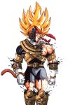  armlet armor bardock belt black_bodysuit blonde_hair bodysuit bracelet broken_armor clenched_hands cosplay dragon_ball dragon_ball_z gloves gold_zeo_ranger green_eyes headband helmet highres jewelry knee_pads long_hair looking_at_viewer monkey_tail mr.drawmatic muscular muscular_male power_rangers power_rangers_zeo red_headband scar scar_on_face shoulder_armor simple_background super_saiyan super_saiyan_1 tail torn_clothes white_background white_gloves 
