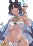  1girl absurdres ancient_egyptian ancient_egyptian_clothes animal_ears armlet bakeneko black_hair black_nails blue_archive blue_halo blue_haori bracelet cat_ears cat_girl cat_tail commentary_request dark-skinned_female dark_skin gold_armlet gold_bracelet gold_collar gold_jewelry halo haori highres if_you_want_to_become_a_godly_artist_(trend) japanese_clothes jewelry kikyou_(blue_archive) kimono_on_shoulders looking_at_viewer multiple_tails nikulas_cage pelvic_curtain sling_bikini_top solo tail two_tails usekh_collar white_background white_loincloth 