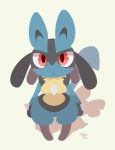  absurd_res anthro blue_fur blush breasts featureless_breasts female fur hi_res looking_at_viewer lucario nintendo nyaswitchnya pok&eacute;mon pok&eacute;mon_(species) red_eyes simple_background smile solo spikes standing video_games yellow_fur 