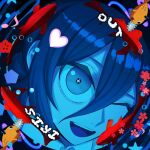  1girl ;d chainsaw_man fish hair_between_eyes looking_at_viewer mccheese monitor multiple_monitors musical_note one_eye_closed open_mouth pochita_(chainsaw_man) pov_peephole reze_(chainsaw_man) smile solo teeth upper_teeth_only 