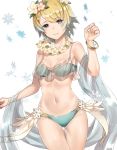  1girl bikini blonde_hair blue_eyes blue_hair blush crown earrings fire_emblem fire_emblem_heroes fjorm_(fire_emblem_heroes) gradient_hair hair_ornament haru_(nakajou-28) jewelry looking_at_viewer multicolored_hair short_hair simple_background solo swimsuit 