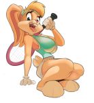  2019 anthro blonde_hair buckteeth clothed clothing eyelashes female fur gloves hair handwear head_tuft holding_object lagomorph leporid lola_bunny long_ears looney_tunes mammal multicolored_fur orange_fur pink_nose pink_tongue rabbit saran-rape short_hair simple_background solo tan_fur teeth tennis_racket tied_ears tongue tongue_out two_tone_fur warner_brothers white_background 