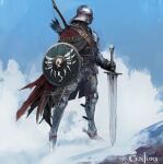  alexandre_chaudret armor blue_sky bow_(weapon) chest_belt copyright_name full_body holding holding_sword holding_weapon knight original quiver sallet shield sky snow solo spurs standing sword weapon weapon_on_back 