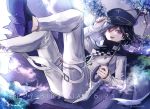  1boy artist_name black_footwear black_hair black_headwear blue_flower cape checkered checkered_scarf commentary_request danganronpa dated eyebrows_visible_through_hair flower happy_birthday hat jacket long_sleeves looking_at_viewer male_focus new_danganronpa_v3 ouma_kokichi pants purple_eyes purple_hair scarf short_hair smile solo straitjacket torn_clothes twitter_username umbrella z-epto_(chat-noir86) 