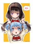  2girls :o akemi_homura bangs black_hair black_headwear blue_eyes blue_hair blush bow bowtie eyebrows_visible_through_hair hair_ornament hairband hairclip highres kaname_madoka long_hair long_sleeves looking_at_another mahou_shoujo_madoka_magica miki_sayaka mitakihara_school_uniform multiple_girls mzk0526 notice_lines open_mouth pink_hair playing_with_another&#039;s_hair purple_eyes ribbon school_uniform short_hair simple_background smile thought_bubble twintails twitter_username white_background yellow_background 