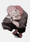  1boy black_nails full_body glaring hand_mouth highres itadori_yuuji jujutsu_kaisen koshinomoli male_focus pink_eyes pink_hair possessed red_hood ryoumen_sukuna_(jujutsu_kaisen) shoes simple_background sneakers solo squatting tattoo tongue undercut white_background wrist_tattoo 