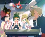  2boys 2girls :d black_hair black_shirt blonde_hair blue_eyes character_request closed_mouth earrings eating food gladio_(pokemon) green_eyes hau_(pokemon) head_rest holding holding_food indoors jewelry lillie_(pokemon) litten long_hair mizuki_(pokemon) multiple_boys multiple_girls open_mouth pink_headwear pokemon pokemon_(game) pokemon_on_head pokemon_sm popcorn_91 print_shirt rotom shirt short_hair short_sleeves smile table tied_shirt torn_clothes torn_shirt white_shirt yellow_shirt 