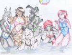  2019 amber_eyes anthro ball beach_ball bent_over bikini black_hair blue_eyes breasts brown_eyes canid canine canis cheek_tuft cleavage clothed clothing dipstick_ears domestic_dog ear_tuft elbow_tufts felid feline fennec fox fur gloves_(marking) graphite_(artwork) green_eyes grey_hair group hair inkohaulyc-1 leopard long_hair looking_up lynx mammal markings multicolored_ears multicolored_fur navel one-piece_swimsuit open_mouth open_smile outside pantherine partially_submerged pencil_(artwork) pink_fur pink_hair procyonid raccoon rear_view red_hair simple_background smile spots spotted_fur striped_fur stripes swimwear tiger tongue tongue_out traditional_media_(artwork) tuft two_tone_fur wardrobe_malfunction water white_fur 
