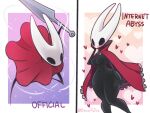  1girl arthropod_girl bano_akira blush breasts cape cloak english_commentary english_text frilled_cape frills heart holding holding_weapon hollow_knight hollow_knight:_silksong hornet_(hollow_knight) medium_breasts multiple_views nail_(hollow_knight) red_cape red_cloak simple_background twitter_username weapon 
