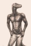  2015 abs anthro athletic claws clothed clothing erection front_view hi_res humanoid_penis klongi lizard looking_at_viewer male monochrome muscular nude pecs penis reptile scales scalie simple_background solo standing topless 