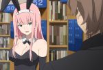  1boy 1girl alternate_costume animal_ears aqua_eyes azusagawa_sakuta bangs bare_shoulders black_bow black_leotard blunt_bangs book bookshelf bow bowtie breasts brown_hair bunny_ears bunnysuit cleavage cosplay darling_in_the_franxx detached_collar fake_animal_ears horns leotard library medium_breasts open_mouth pink_hair sakurajima_mai sakurajima_mai_(cosplay) school_uniform seishun_buta_yarou smile solo strapless strapless_leotard upper_body zero_two_(darling_in_the_franxx) 