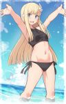  1girl bangs bare_arms bare_shoulders bikini black_bikini blonde_hair cloud commentary_request day eyebrows_visible_through_hair fate/grand_order fate_(series) flower hair_flower hair_ornament in_water long_hair looking_at_viewer navel open_mouth outdoors reines_el-melloi_archisorte shiseki_hirame side-tie_bikini solo standing stretch swimsuit teeth white_flower 