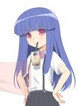  2girls blue_hair bubble_tea_challenge cheating_(competitive) cup drinking drinking_straw flat_chest furude_rika gaou hanyuu higurashi_no_naku_koro_ni multiple_girls purple_eyes shirt smirk suspenders white_shirt 