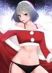  1girl black_panties blue_eyes collarbone crop_top green_eyes green_hair heterochromia highres idolmaster idolmaster_cinderella_girls long_sleeves looking_at_viewer merry_christmas midriff navel off_shoulder panties santa_costume senju_(snz0) shiny shiny_hair short_hair smile solo standing stomach takagaki_kaede underwear 