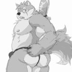  1:1 animated belly blush butt canid canine canis clothing domestic_dog erection fundoshi japanese_clothing male mammal melee_weapon moritaka nipples pecs scar slightly_chubby sword tenting throbbing tokyo_afterschool_summoners underwear video_games weapon yunukopi 