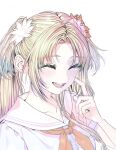  1girl 596_(_gokuraku_joudo) :d ^_^ blonde_hair blue_hair breast_pocket closed_eyes collarbone curtained_hair dress fangs flower gradient_hair hair_flower hair_ornament hasu_no_sora_school_uniform highres link!_like!_love_live! long_hair love_live! multicolored_hair neckerchief open_mouth orange_flower orange_neckerchief osawa_rurino pocket sailor_collar sailor_dress school_uniform scratching_cheek simple_background smile solo summer_uniform twintails virtual_youtuber white_background white_dress white_sailor_collar 