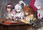  1boy 3girls absurdres bodysuit bow brown_eyes brown_hair earrings fate/grand_order fate_(series) flower food ganesha_(fate) glasses hair_bow hair_flower hair_ornament hairband highres japanese_clothes jewelry jinako_carigiri karna_(fate) long_hair multiple_girls open_mouth osakabe-hime_(fate/grand_order) pink_eyes pizza pizza_box playing_games ponytail red_bow sitting spiked_hair tomoe_gozen_(fate/grand_order) trait_connection very_long_hair wavy_eyes white_hair white_skin 