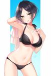  1girl absurdres arm_behind_head arm_up armpits ass_visible_through_thighs bangs bare_arms bare_shoulders bikini black_bikini black_hair breasts cleavage collarbone commentary_request cowboy_shot glint groin halter_top halterneck hand_on_own_chest hand_up hayami_kanade head_tilt highres holding holding_towel idolmaster idolmaster_cinderella_girls ilo jewelry large_breasts looking_at_viewer navel necklace parted_bangs parted_lips short_hair signature smile solo standing stomach swimsuit thighs towel wet yellow_eyes 