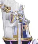  1boy alfathor_(fire_emblem) attack braid braided_beard facial_hair fire_emblem fire_emblem_heroes half_mask head_on_hand highres long_hair maeshima_shigeki mask non-web_source official_art old old_man robe sitting sitting_on_throne solo staff throne white_robe 