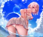  1girl ass bare_shoulders blue_sky blush breasts dress_swimsuit fate/grand_order fate_(series) hair_over_one_eye large_breasts lavender_hair looking_at_viewer looking_back mash_kyrielight ocean open_mouth panties purple_eyes sashima short_hair sky solo swimsuit swimsuit_of_perpetual_summer thighs underwear white_panties white_swimsuit 