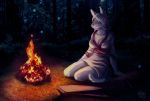  2017 anthro breasts campfire digital_media_(artwork) eri-yo female fire forest grass hair kneeling night outside solo tree unknown_species white_hair 