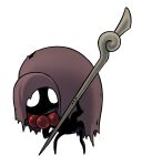  ari_gibson beads black_skin blank_eyes brown_cloak bug chapel_maid_(hollow_knight) cloak colored_skin full_body highres holding holding_instrument hollow_knight hollow_knight:_silksong hood hood_up hunched_over instrument official_art prayer_beads shaman snail torn_cloak torn_clothes transparent_background 