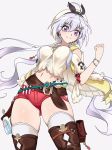  1girl atelier_(series) atelier_ryza boots breasts clenched_hand contrapposto cosplay emmxd325 grey_hair hair_between_eyes highres large_breasts long_hair midriff navel purple_eyes reisalin_stout reisalin_stout_(cosplay) senki_zesshou_symphogear skindentation smile solo thigh_boots thigh_pouch thighhighs thighhighs_under_boots thighs vial white_background white_legwear yukine_chris 