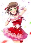  1girl 2019 :d amami_haruka arm_up bangs bare_shoulders blush bow breasts brown_hair character_name choker collarbone confetti cowboy_shot dress eyebrows_behind_hair flower gloves green_eyes hair_flower hair_ornament hand_up idolmaster idolmaster_(classic) ittokyu looking_at_viewer open_mouth red_bow red_choker red_dress sidelocks signature simple_background small_breasts smile solo strapless strapless_dress white_background white_flower white_gloves 