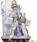  1boy alfathor_(fire_emblem) braid braided_beard damaged facial_hair fire_emblem fire_emblem_heroes half_mask head_on_hand highres long_hair maeshima_shigeki mask non-web_source official_art old old_man robe sitting sitting_on_throne solo staff throne torn_clothes white_robe 