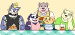  2019 alp_(tas) anthro apron blue_fur canid canine canis clothing cu_sith_(tas) cute_fangs domestic_dog eating eyes_closed eyewear fenrir_(housamo) fur giant_panda glasses group humanoid_hands iudexkoo jambavan kemono leib_(tas) male mammal milk polar_bear purple_fur rope scarf shirt slightly_chubby tired tokyo_afterschool_summoners tongue tongue_out topwear ursid ursine video_games white_fur wolf 