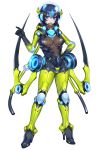  1girl araquanid armor blue_hair bodysuit dark_blue_hair diving_helmet earphones extra_arms full_body hair_between_eyes hand_on_hip helmet high_heels katagiri_hachigou looking_at_viewer multicolored_hair personification pokemon pokemon_(game) pokemon_sm shiny shiny_clothes short_hair solo two-tone_hair white_background 