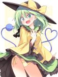  1girl :d bangs black_headwear blush border bow breasts commentary_request cowboy_shot eyebrows_visible_through_hair frilled_shirt_collar frilled_sleeves frills green_eyes green_hair green_skirt hair_between_eyes hand_on_own_chest hat hat_bow head_tilt heart heart_of_string highres ina_(inadahime) komeiji_koishi long_sleeves medium_breasts open_mouth outside_border panties shirt short_hair side-tie_panties simple_background skirt skirt_lift smile solo standing thighs third_eye touhou underwear white_border wide_sleeves yellow_background yellow_bow yellow_panties yellow_shirt 