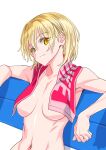  1girl blonde_hair breasts closz highres leaning_back navel original short_hair simple_background solo suzutsuki_kurara topless_female towel towel_around_neck white_background yellow_eyes 