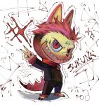  &gt;:) 1boy animal_ears black_claws character_name creature evil_grin evil_smile facial_mark full_body grin highres itadori_yuuji jujutsu_kaisen knullkhan labubu male_focus red_eyes red_hair ryoumen_sukuna_(jujutsu_kaisen) sharp_teeth signature slit_pupils smile solo spiked_tail standing tail teeth twitter_username undercut v v-shaped_eyebrows 