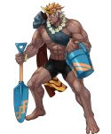  1boy alternate_costume barefoot chest dark_skin fire_emblem fire_emblem_heroes flower full_body helbindi_(fire_emblem_heroes) highres horn_ornament jewelry leaf male_focus multicolored_hair necklace official_art orange_hair red_eyes scar shovel solo swimsuit teeth transparent_background two-tone_hair white_hair 