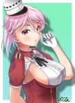  1girl armpits border breasts giuseppe_garibaldi_(kantai_collection) gloves gradient_hair green_background hat highres kantai_collection looking_at_viewer medium_breasts multicolored_hair parted_lips pink_eyes pink_hair red_shirt red_skirt shirt short_hair sideboob skirt soba_chatarou_(tita) solo two-tone_background upper_body white_border white_gloves white_headwear 