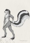  2019 aesthetic anthro butt canid dampfloque fluffy fluffy_tail fur grey_fur male mammal mephitid mustelid nude simple_background skunk solo walking white_background 