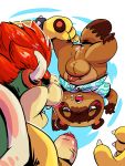  animal_crossing anthro anthro_on_anthro balls blush bodily_fluids bowser canid canine clothed clothing crossover cum duo genital_fluids hi_res interspecies larger_male male male/male mammal mario_bros nintendo partially_clothed penis raccoon_dog simple_background sinibun_95 size_difference smaller_male tanuki tom_nook_(animal_crossing) uncut upside_down video_games 