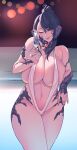  1girl alcohol au_ra black_hair breasts champagne cleavage closed_mouth commission cup dragon_horns drinking_glass eyebrows_hidden_by_hair final_fantasy final_fantasy_xiv highres hiyayaako holding holding_cup horns huge_breasts lips looking_at_viewer medium_hair one_eye_closed ponytail sapphira_nyx scales second-party_source slingshot_swimsuit smile solo swimsuit warrior_of_light_(ff14) white_slingshot_swimsuit wine_glass yellow_eyes 