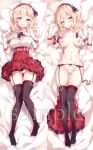  1girl aqua_eyes ass_visible_through_thighs azur_lane black_legwear blonde_hair blush breasts bursting_breasts collarbone collared_shirt dakimakura elbow_gloves eyebrows_visible_through_hair finger_to_mouth fingerless_gloves full_body garter_straps gloves hairband highres index_finger_raised leander_(azur_lane) looking_at_viewer lying medium_breasts medium_hair multiple_views navel neck_ribbon nipples on_back open_clothes open_mouth open_shirt panties panty_pull pantyshot pantyshot_(lying) parted_lips pleated_skirt purple_neckwear ribbon sample shirt short_sleeves skindentation skirt skirt_removed sweat thighhighs thighs topless unacchi_(nyusankin) underwear white_gloves white_panties white_shirt 