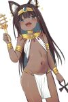  1girl ancient_egyptian ancient_egyptian_clothes animal_ear_fluff animal_ears ankh armlet bangle bare_shoulders black_hair blue_eyes blush bracelet cat_ears commentary cowboy_shot dark-skinned_female dark_skin ear_piercing fang flat_chest forehead_jewel groin highres if_you_want_to_become_a_godly_artist_(trend) jewelry long_hair looking_at_viewer navel open_mouth original piercing revealing_clothes simple_background smile solo sparkle tonari_(ichinichime_azuma) white_background 