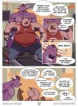 anthro barefoot basil_(mikrogoat) bottomwear bovid bovine brown_hair cattle clothed clothed_anthro clothed_male clothing cloven_hooves comic dialogue domestic_pig duo english_text feet fur grey_body grey_fur hair hi_res hooves horn humor male mammal mikrogoat muscular muscular_anthro muscular_male nonbinary_(lore) overweight overweight_anthro overweight_male perry_(mikrogoat) pink_body pink_skin pun shirt shorts speech_bubble suid suine sus_(pig) tank_top teeth text topless topless_anthro topless_male topwear treadmill url