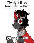  black_hair cape clothing crown english_text equid friendship_is_magic guess_i&#039;ll_die hair hi_res horn king_sombra_(mlp) looking_at_viewer mammal meme my_little_pony pony-berserker red_eyes shrug slit_pupils solo text unicorn 